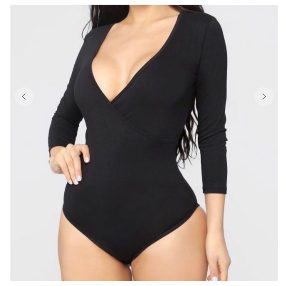 Black cotton spandex faux wrap bodysuit - Picture 1 of 3
